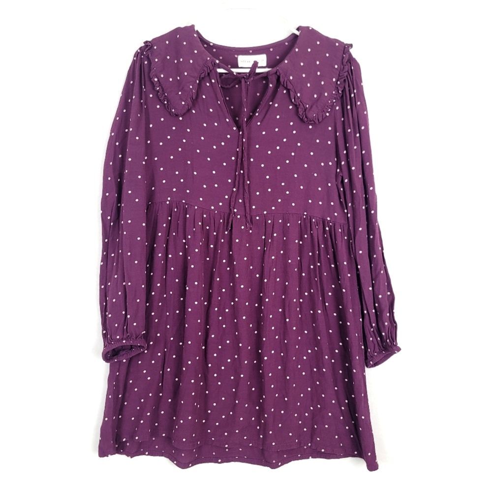Lefties Magenta Purple Polka Dot Medium Long Sleeve Collared Tie Front Dress